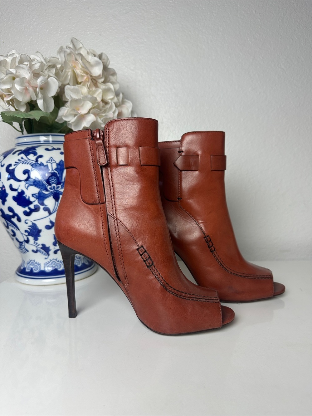 Tory Burch Cherry Almond Saddle-stitch Open-toe Boots/booties